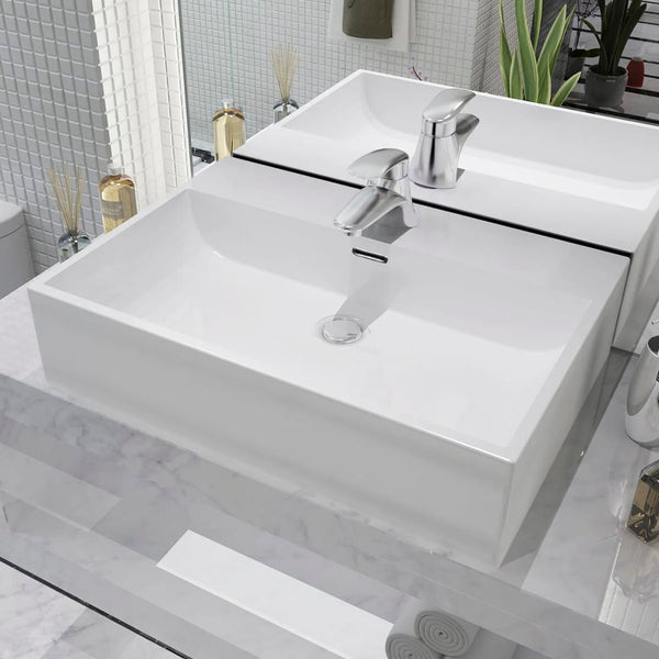 vidaXL Basin with Faucet Hole Ceramic White 60.5x42.5x14.5 cm