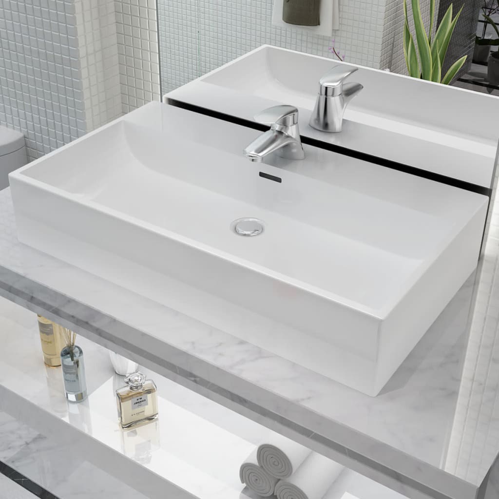 vidaXL Basin with Faucet Hole Ceramic White 76x42.5x14.5 cm