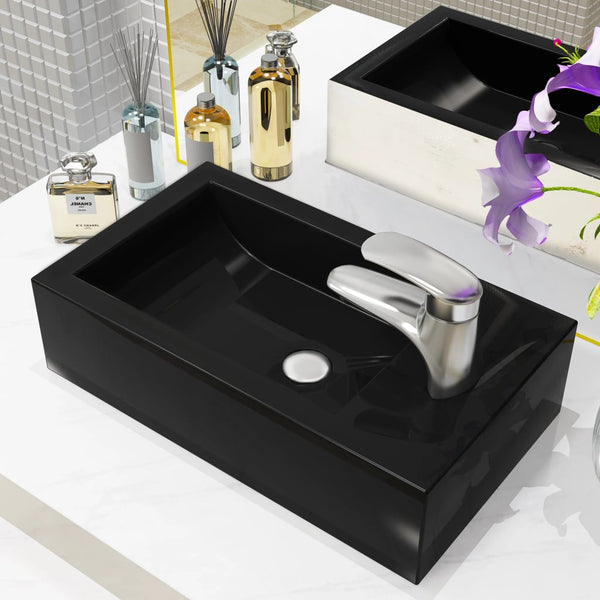 vidaXL Basin with Faucet Hole Rectangular Ceramic Black 46x25.5x12 cm