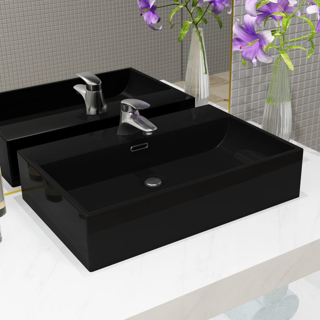 vidaXL Basin with Faucet Hole Ceramic Black 76x42.5x14.5 cm