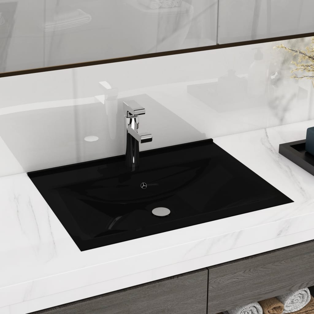 Rectangular Ceramic Basin Black with Faucet Hole 60x46 cm