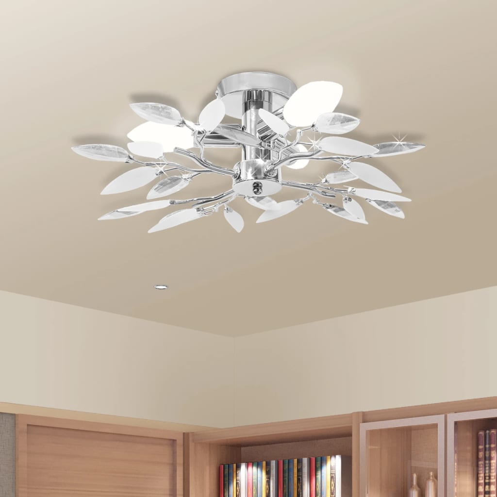 Ceiling Lamp White & Transparent Acrylic Crystal Leaf Arms 3 E14 Bulbs