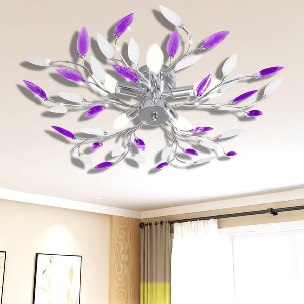 Purple&White Ceiling Lamp Acrylic Crystal Leaf Arms for 5 E14 Bulbs