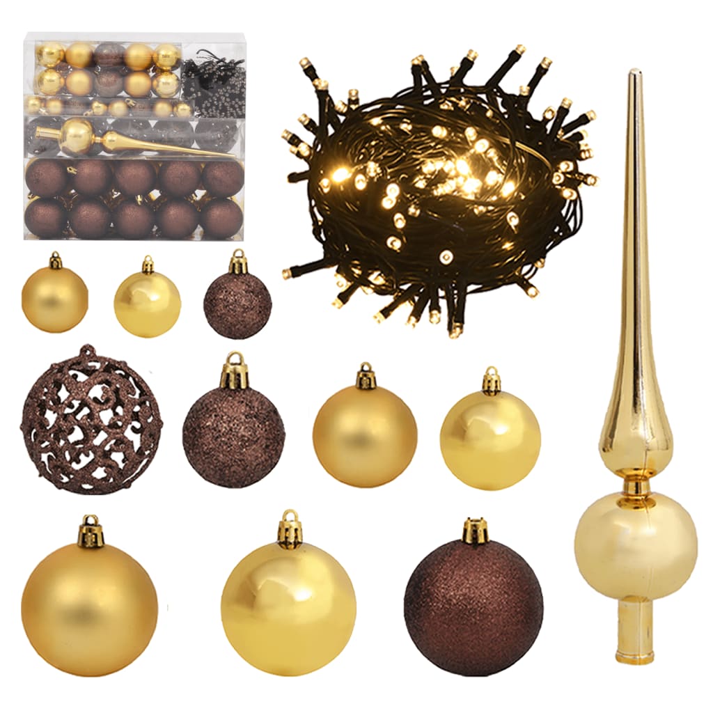 vidaXL 120 Piece Christmas Ball Set with Peak and 300 LEDs Gold&Bronze