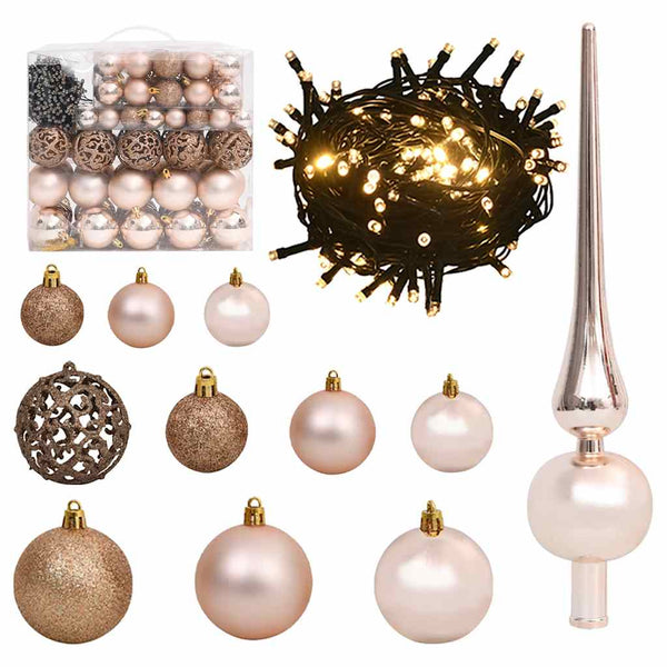 vidaXL 120 Piece Christmas Ball Set with Peak and 300 LEDs Rose Gold