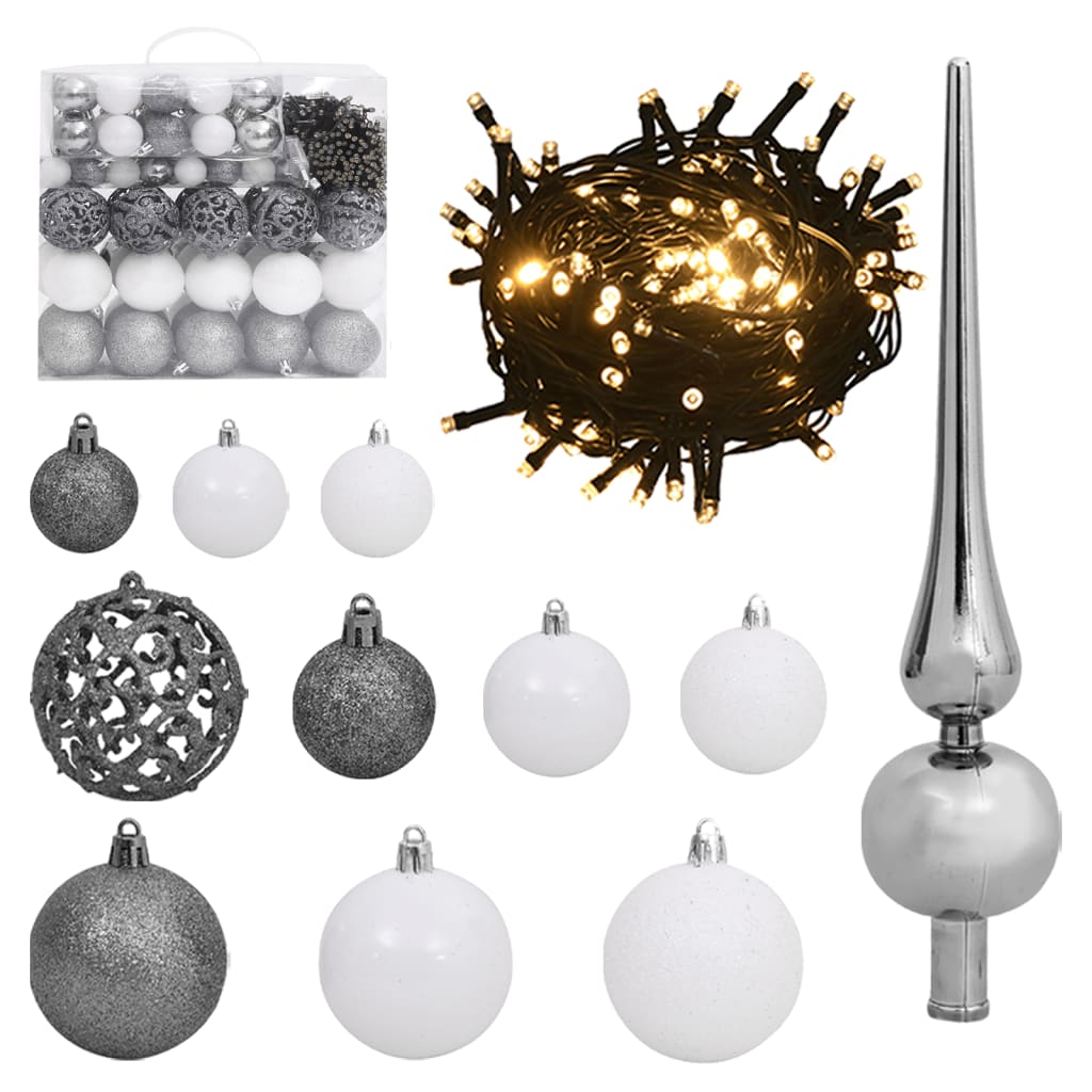 vidaXL 120 Piece Christmas Ball Set with Peak and 300 LEDs White&Gey